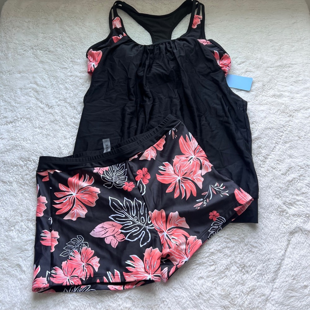 Yonique Womens Medium Tankini Swimsuit Set Black Pink Tropical Floral Boy Shorts